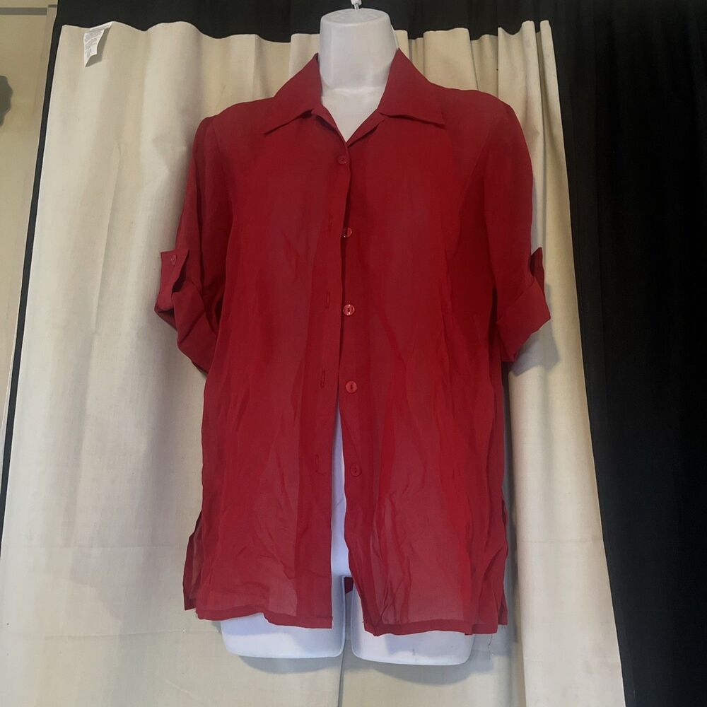 Ilyse Hart LTD Floral Red Semi-Sheer Button Blouse Size Small